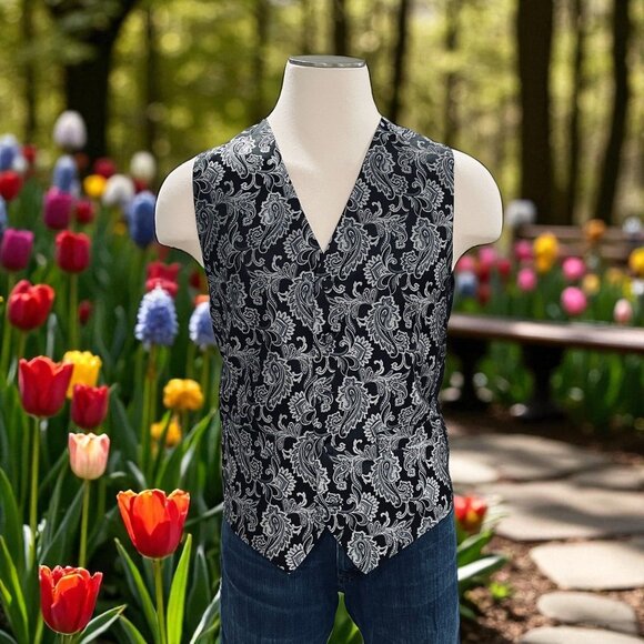 Unknown Other - Mens Black Silver Paisley Dress Vest Medium Formal Prom Wedding Steampunk Goth